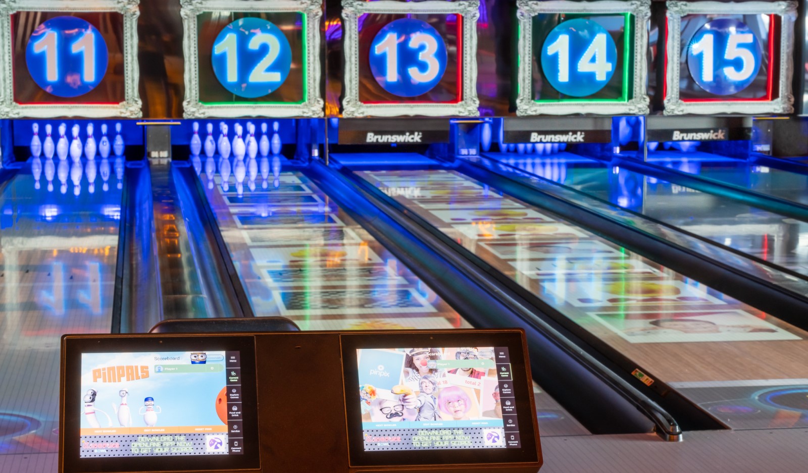 Upstairs bowling lanes at Kingpins in Southend. With Spark interactive lanes