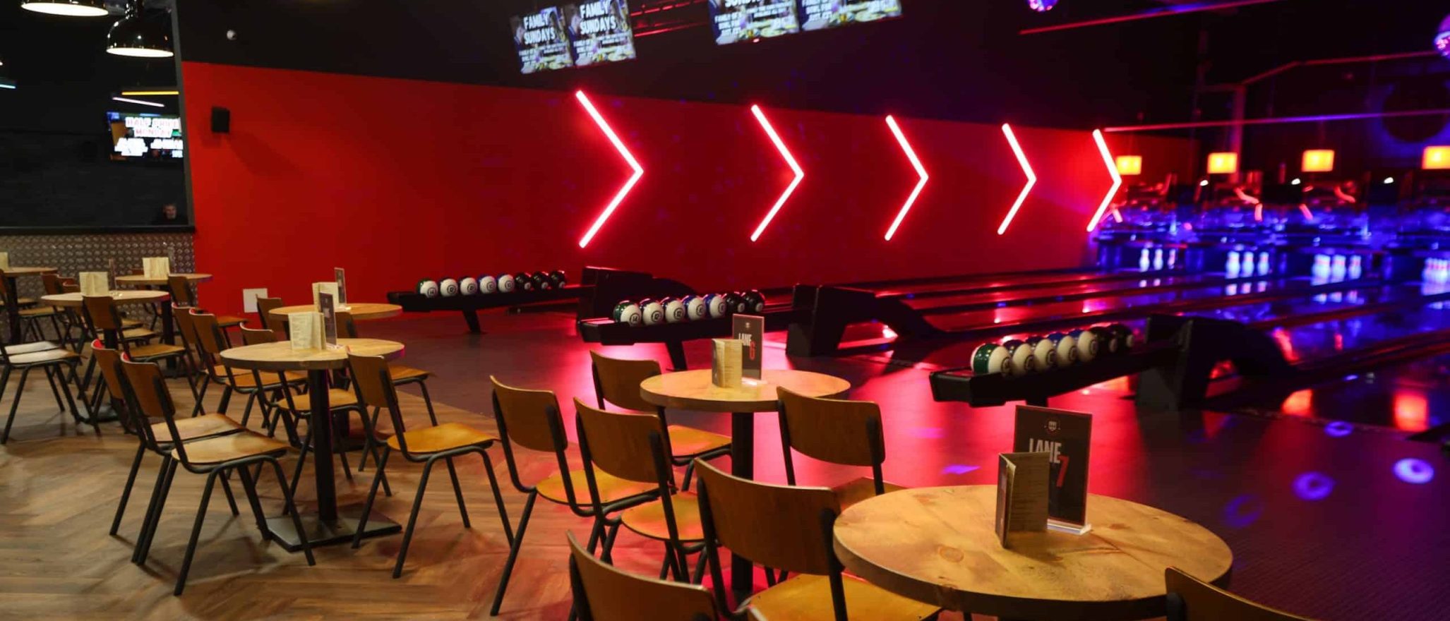 Bowling lanes and seating area at Bowl Central in Reading